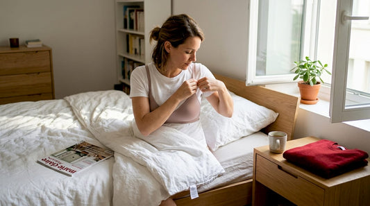 Une femme réajuste la bretelle de son soutien-gorge dans sa chambre.