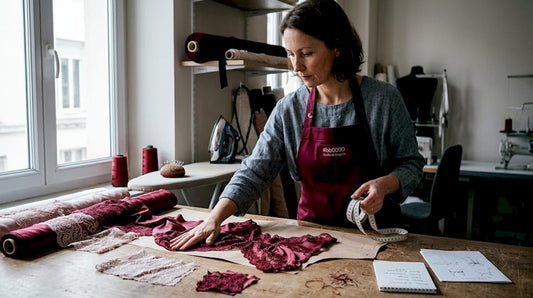 Une couturière examine attentivement des étoffes en dentelle et en satin, scrutant chaque détail pour choisir les plus beaux tissus.