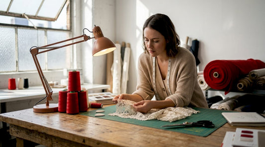 Dans son atelier, la créatrice examine avec attention la qualité d’une dentelle raffinée.