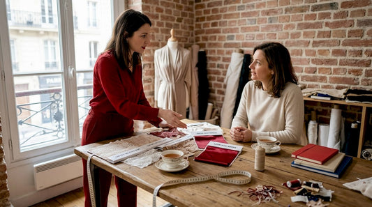 Une créatrice échange avec sa cliente en examinant différents tissus pour la confection de lingerie.