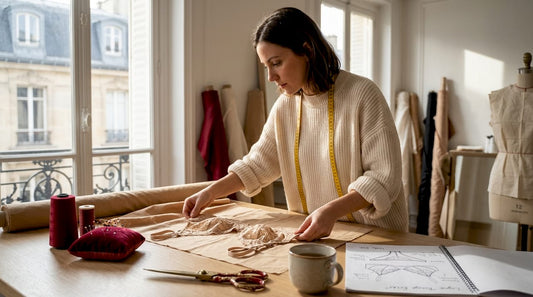 Créatrice de lingerie évoluant dans un atelier baigné de lumière.