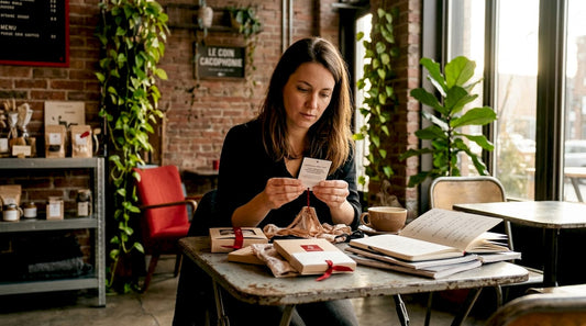 Une femme installée à sa table examine attentivement les étiquettes de lingerie bio.