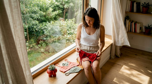 Une femme trie sa lingerie d’été dans sa chambre baignée de soleil.