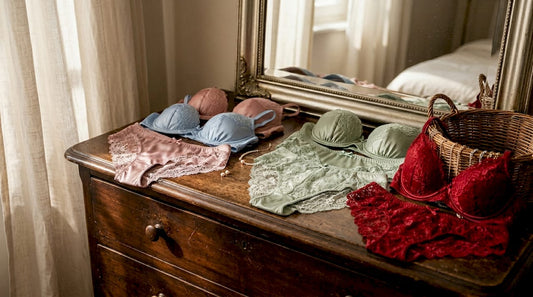 Vue d’ensemble de lingerie aux couleurs variées et aux matières mélangées soigneusement disposées à plat.