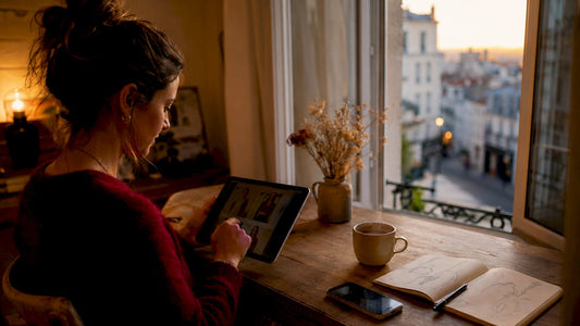 Une femme confortablement installée chez elle, parcourant des sites de lingerie pour trouver la pièce idéale.