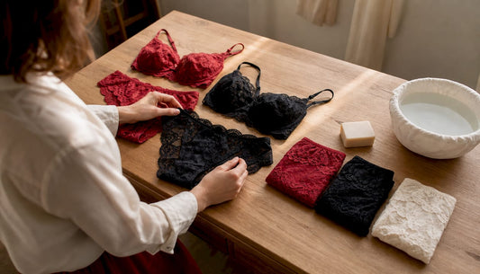 Des mains délicates découvrent les collections de lingerie en dentelle de Valetta, appréciant chaque détail raffiné.