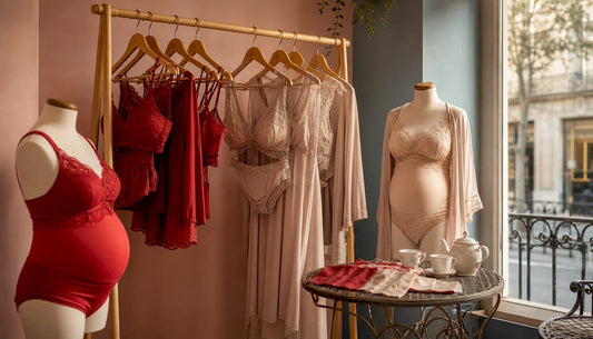 Présentation de deux collections de lingerie de maternité mises en valeur sur des mannequins.