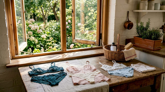 Des ensembles de lingerie soigneusement disposés sur la coiffeuse apportent une touche d’élégance à la chambre.