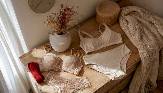 Trois parures de lingerie Valetta soigneusement posées sur la commode