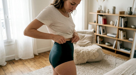 Femme ajustant la coupe de sa culotte taille haute