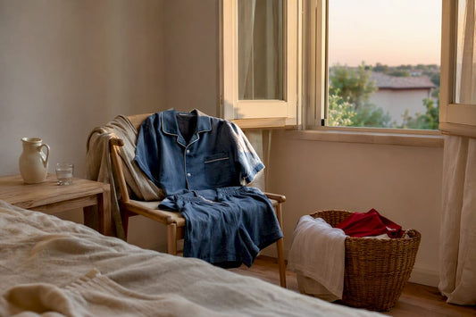 Pyjama d’été pour homme soigneusement plié, posé sur une chaise