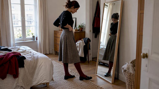 Femme portant des chaussettes montantes avec une jupe