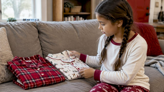 Un enfant qui compare deux pyjamas de Noël