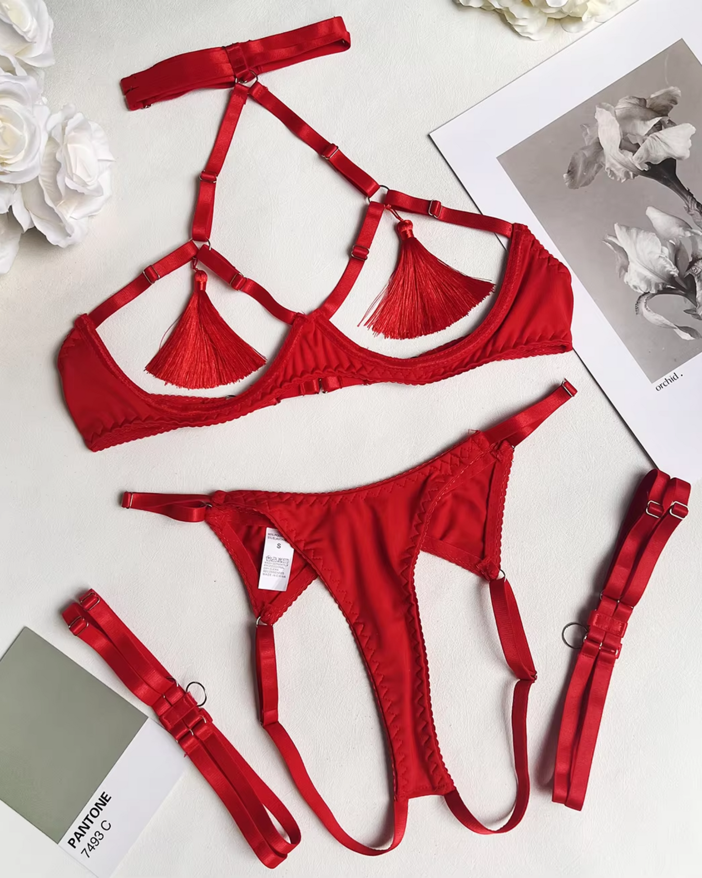 Ensemble de lingerie avec franges et sangles pour cuisses