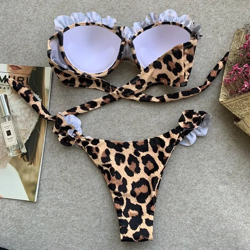 Maillot de bain deux pièces bikini léopard avec volants