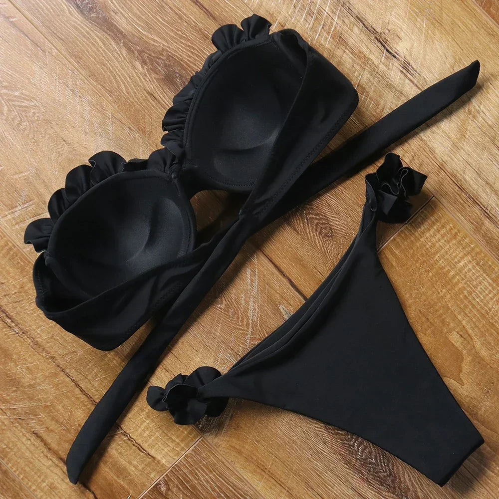 Maillot de bain deux pièces bikini avec volants décoratifs