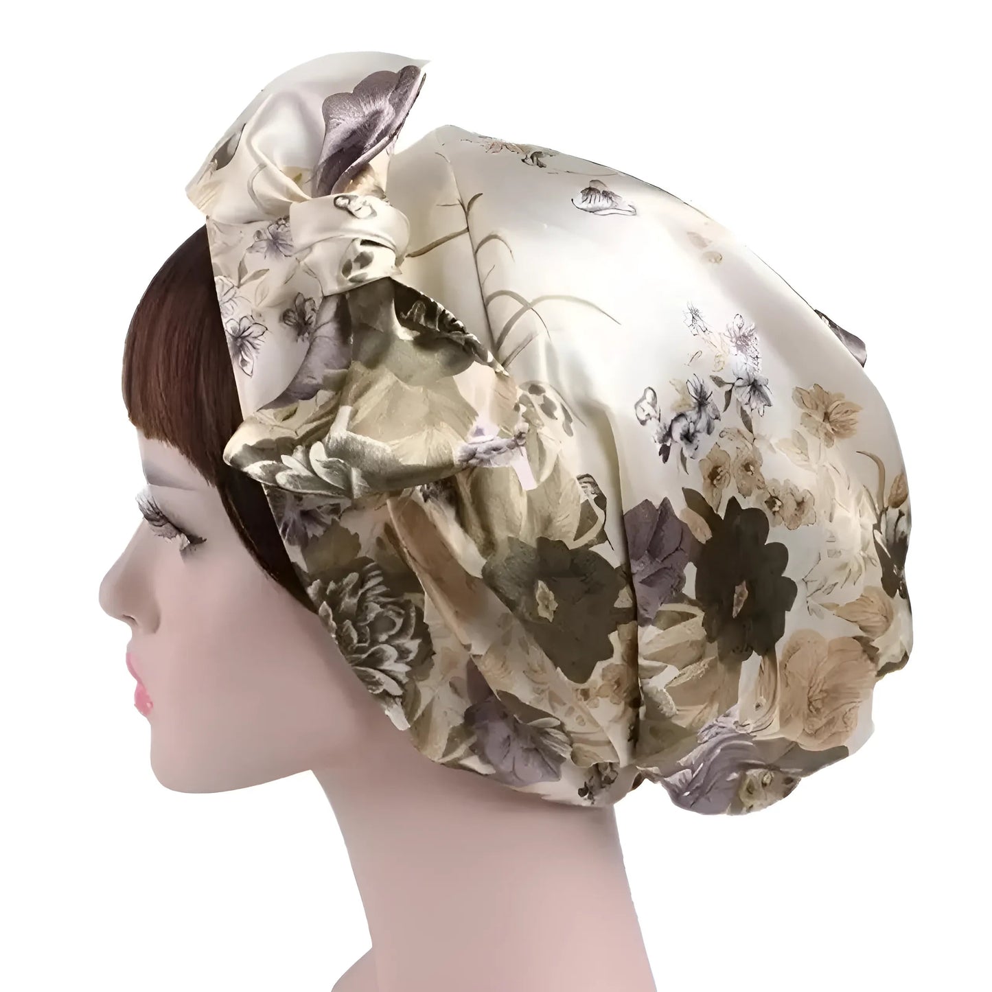 Beige Bonnet de sommeil en satin avec liens