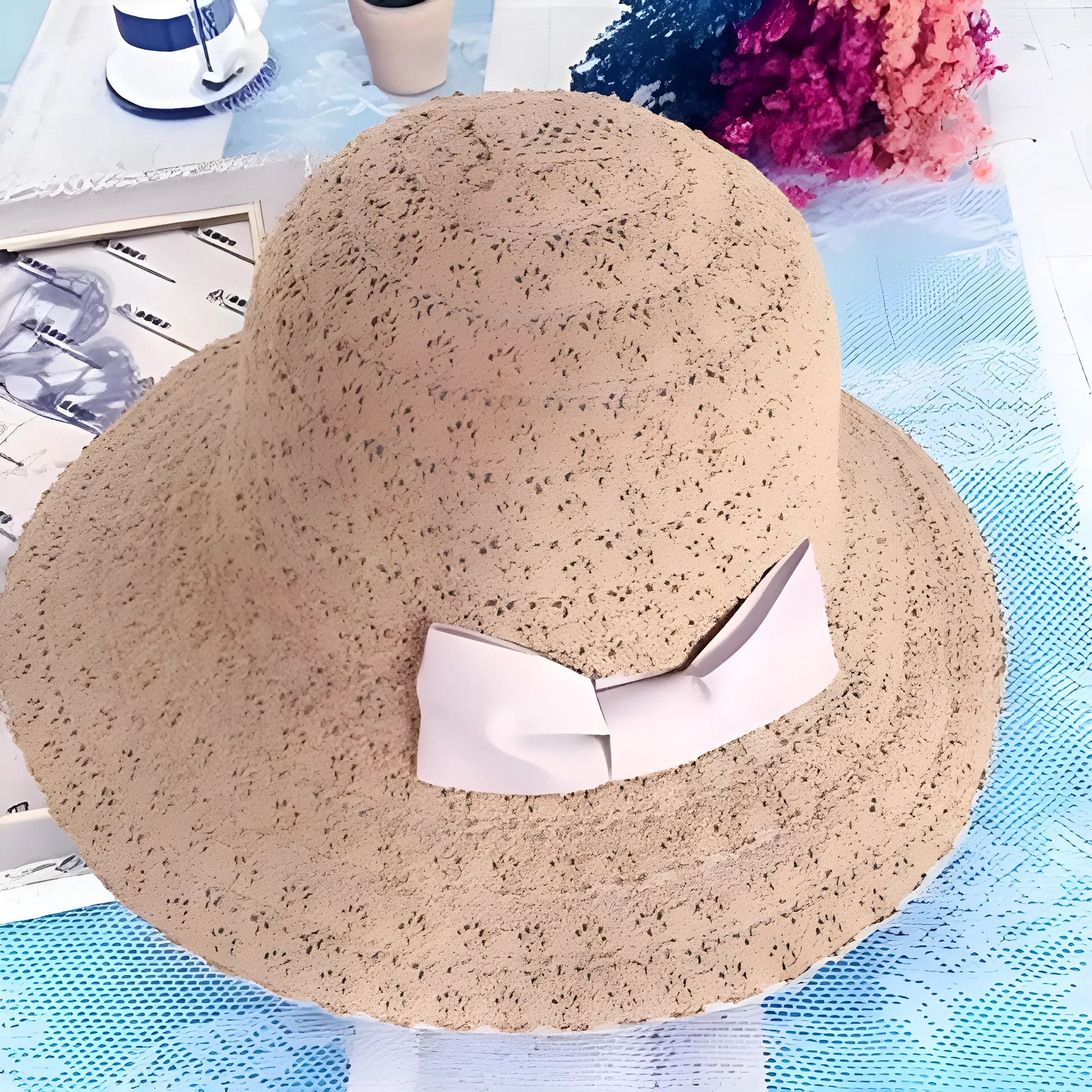 Beige Chapeau de plage avec nœud