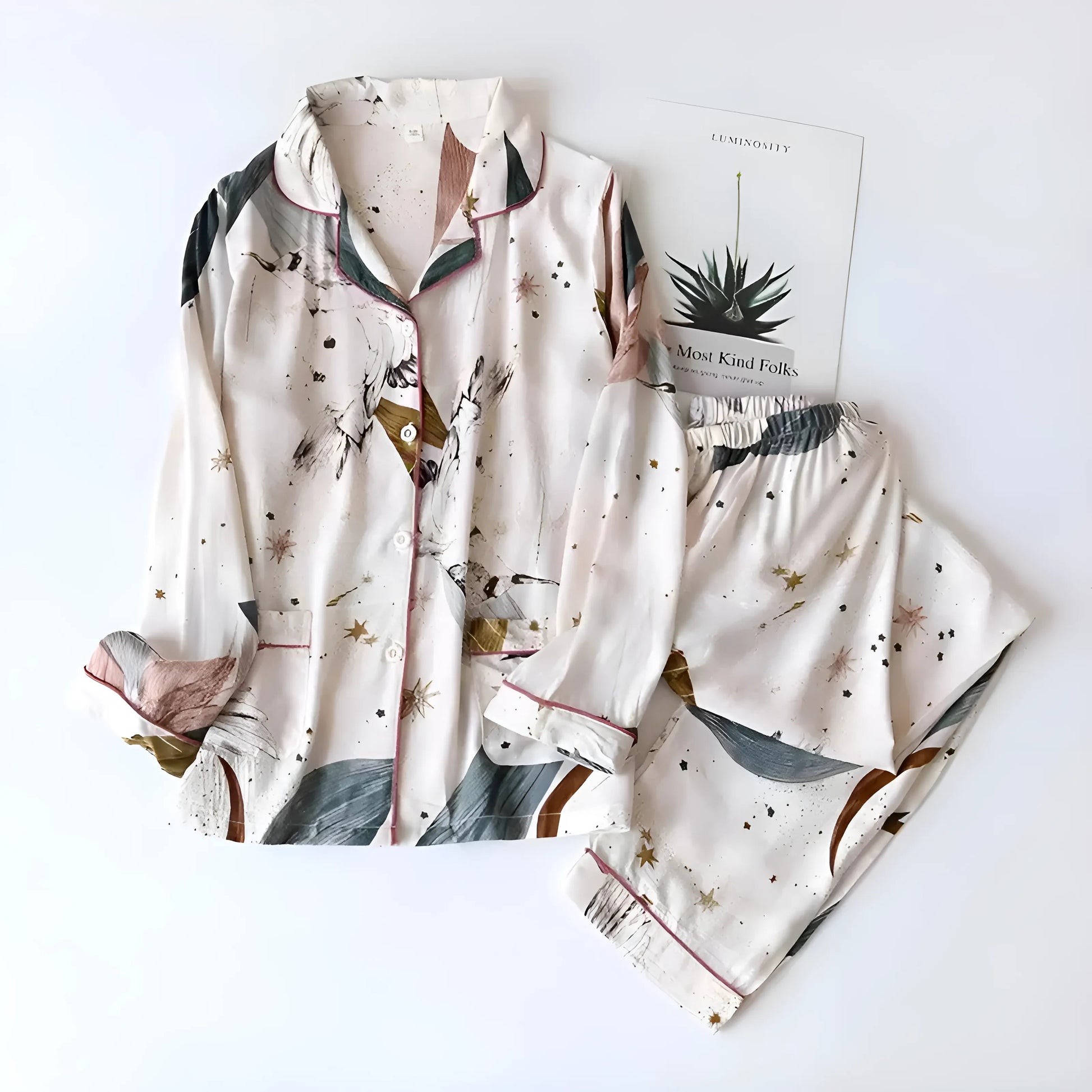 Beige Ensemble de pyjama long avec motifs