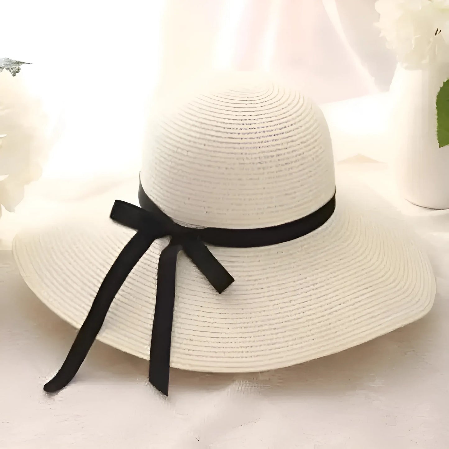 Blanc Chapeau de plage avec nœud