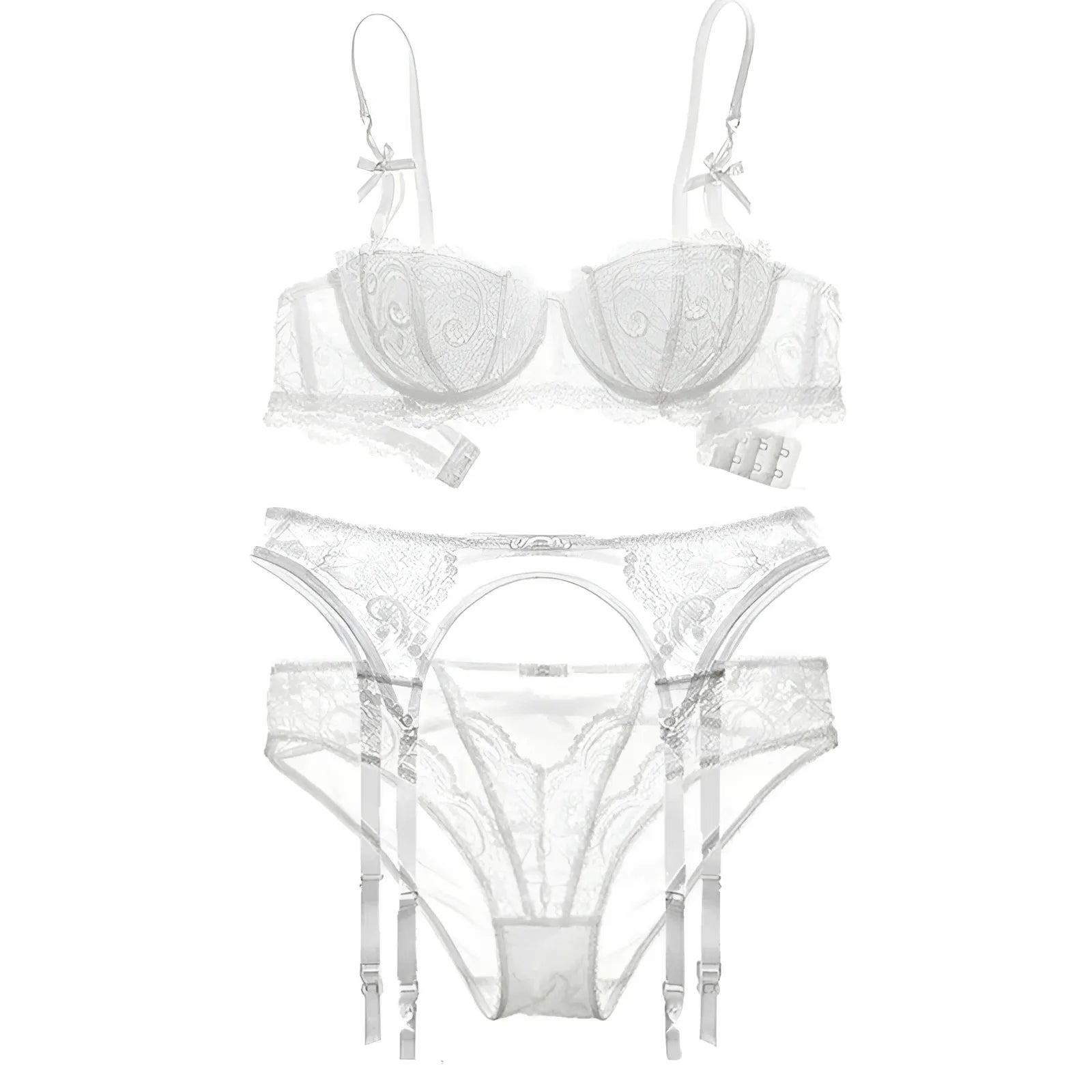 Blanc Ensemble de lingerie en dentelle 3 pièces avec un porte-jarretelles et des nœuds