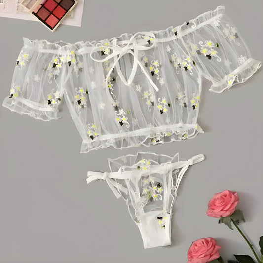 Blanc Ensemble de lingerie en dentelle avec imprimé floral délicat