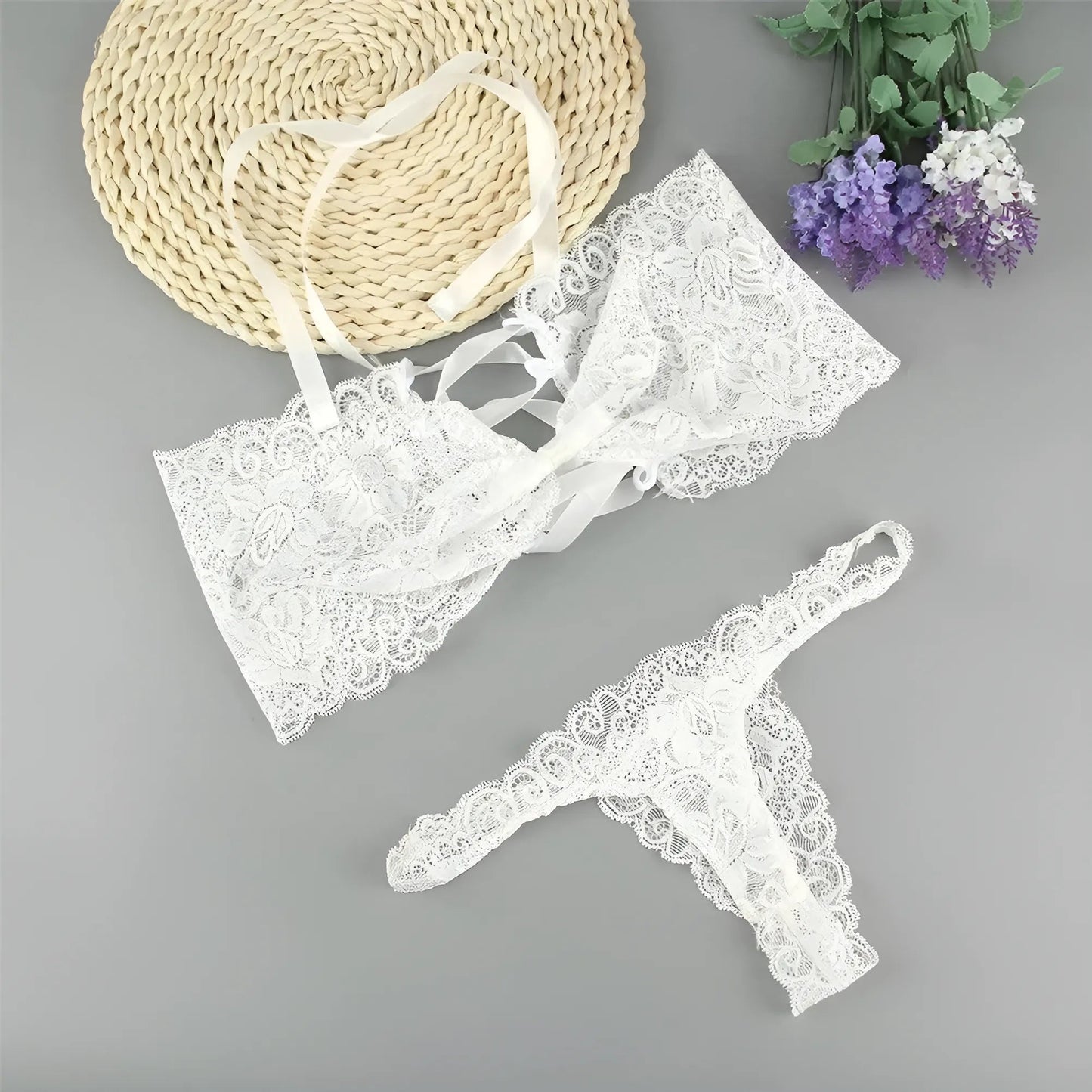 Blanc Ensemble de lingerie en dentelle avec lacets décoratifs de corset