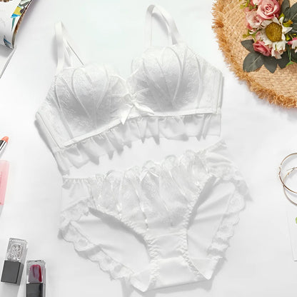 Blanc Ensemble de lingerie en dentelle avec soutien-gorge décolleté