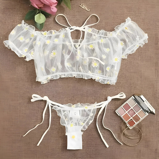 Blanc Ensemble de lingerie en dentelle avec string