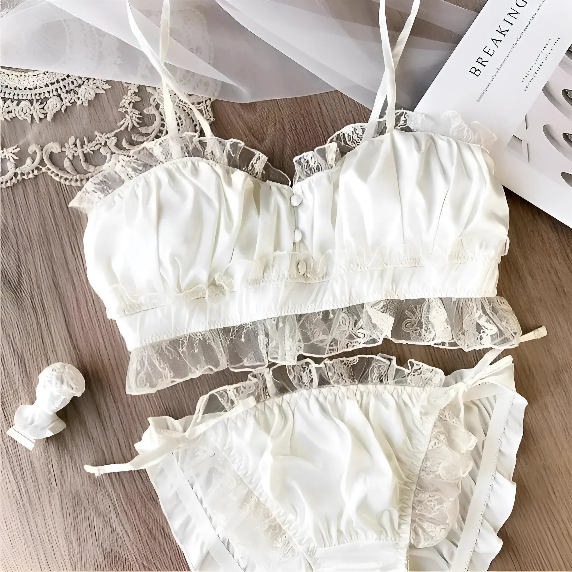 Blanc Ensemble de lingerie en dentelle froncée
