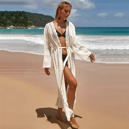 Blanc Kimono de plage en dentelle longue