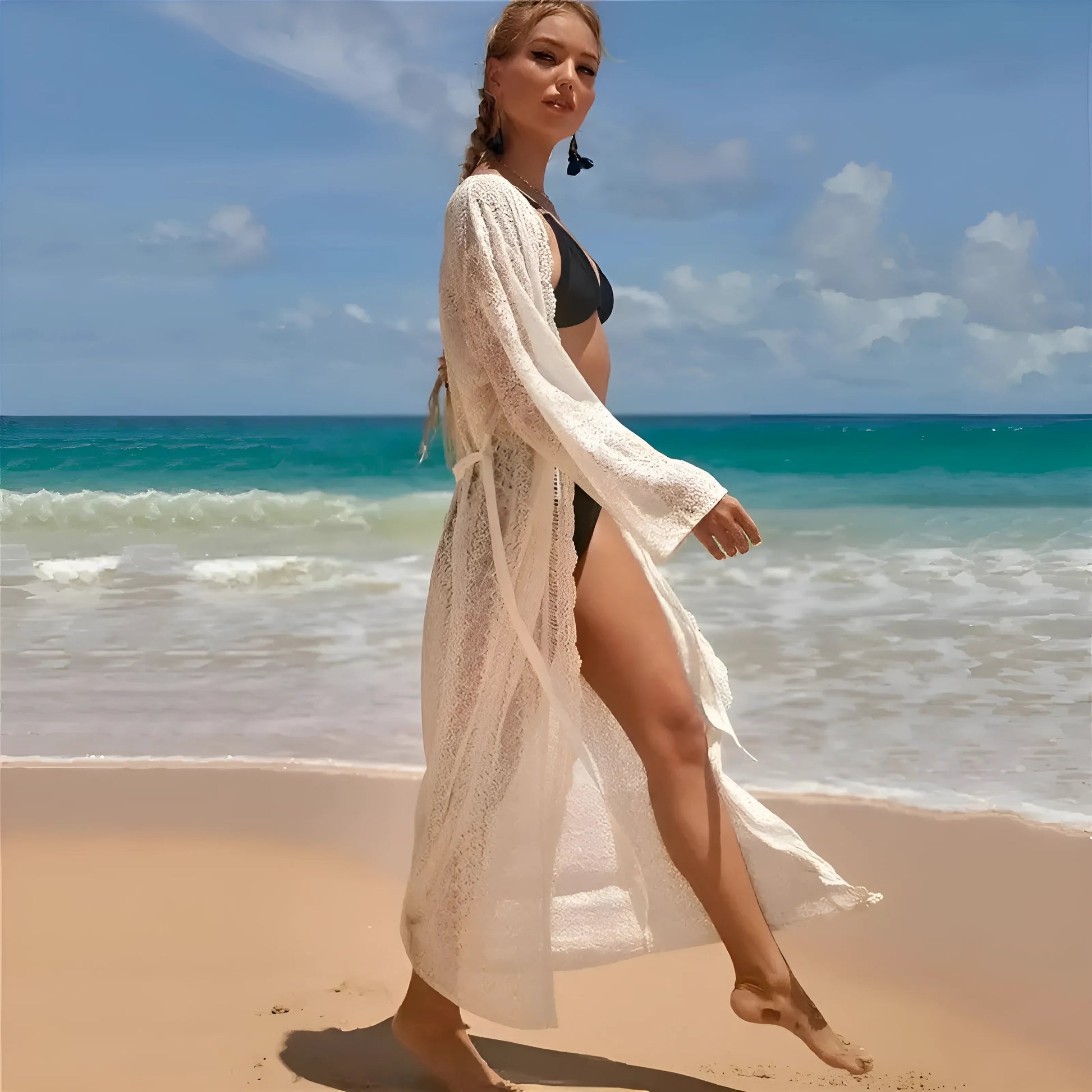 Blanc Kimono de plage en dentelle longue