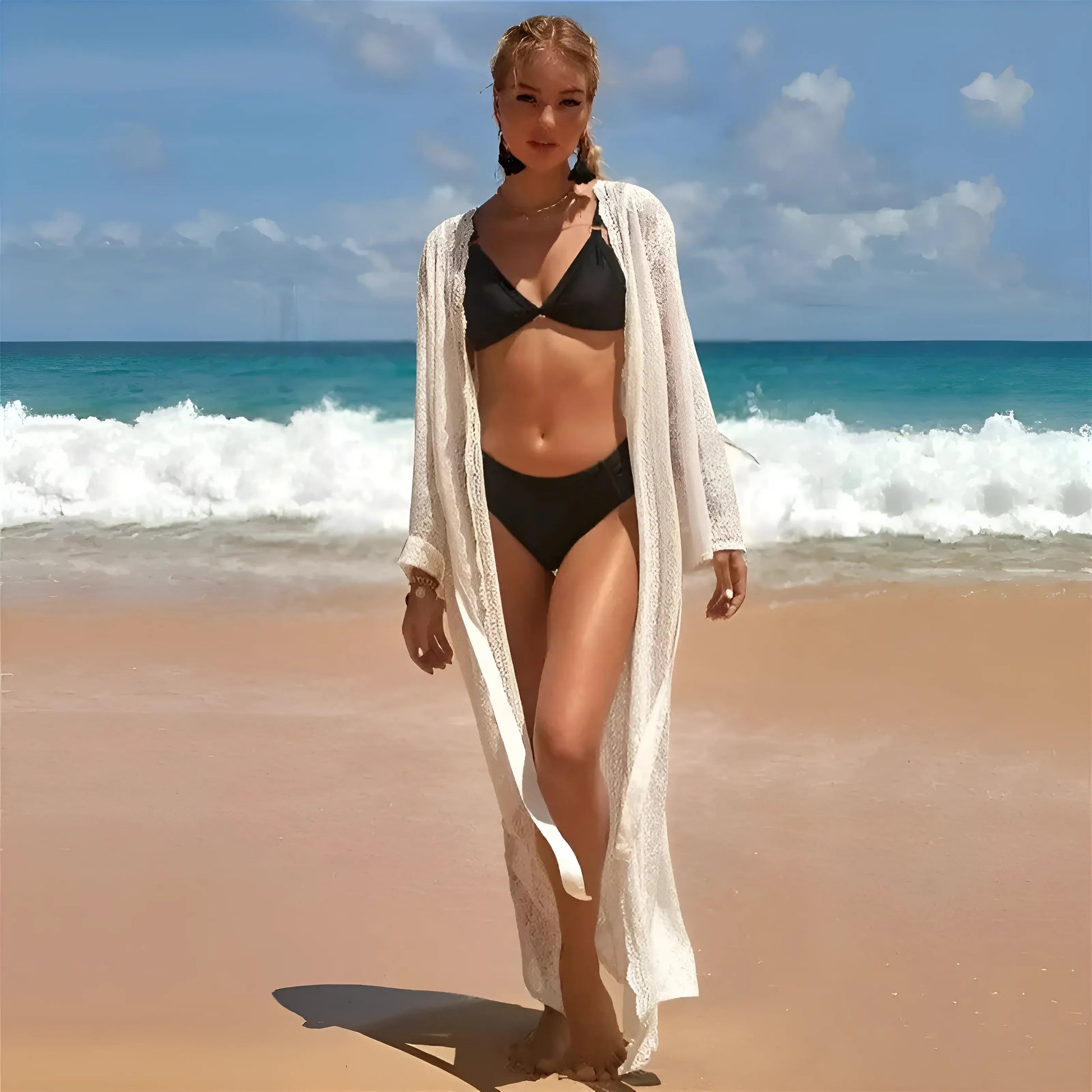 Blanc Kimono de plage en dentelle longue