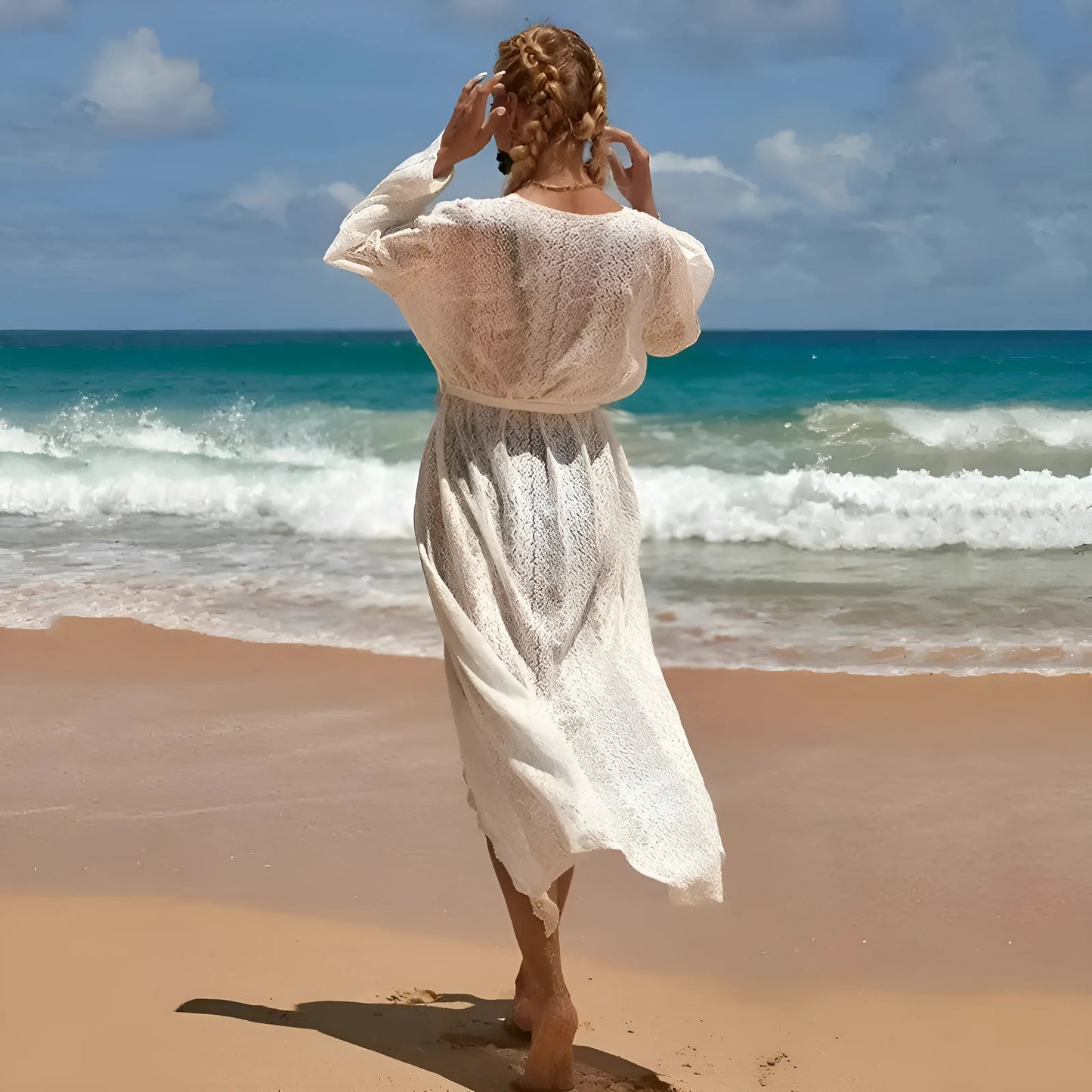 Blanc Kimono de plage en dentelle longue