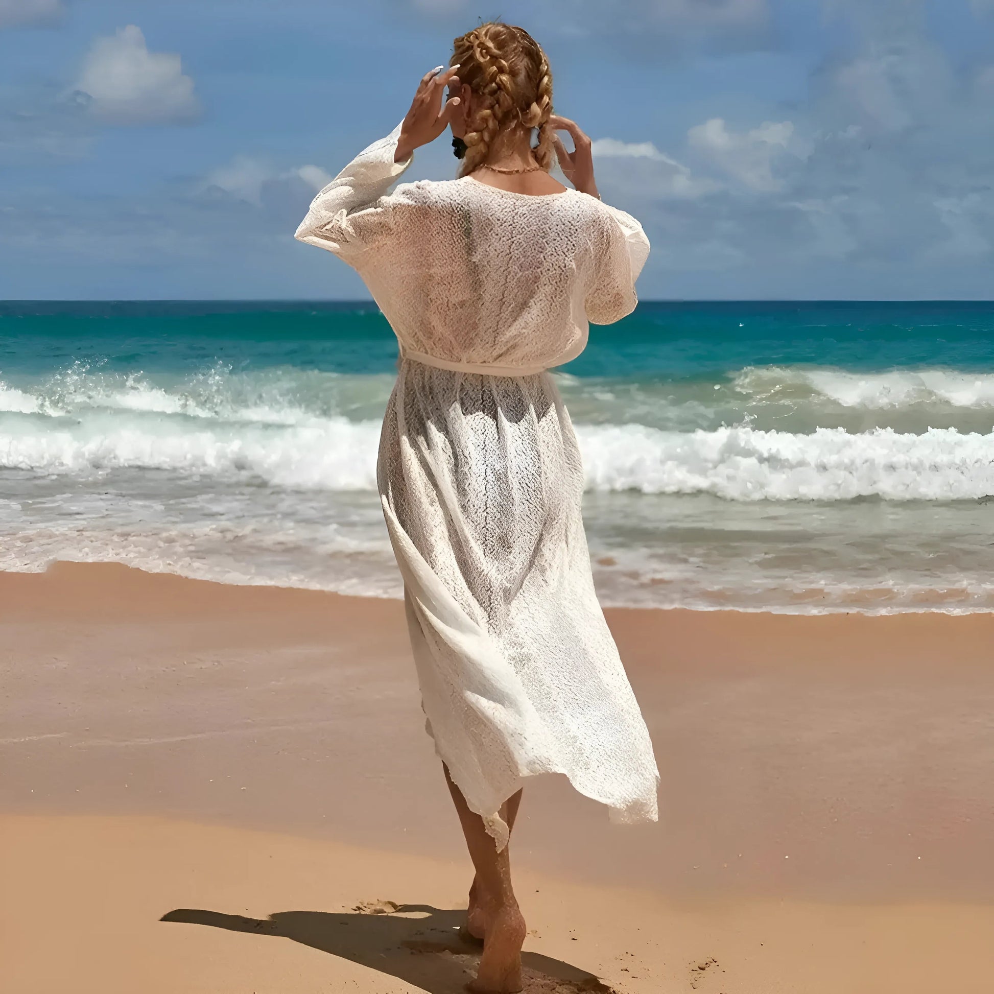 Blanc Kimono de plage en dentelle longue