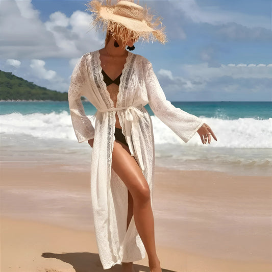 Blanc Kimono de plage en dentelle longue