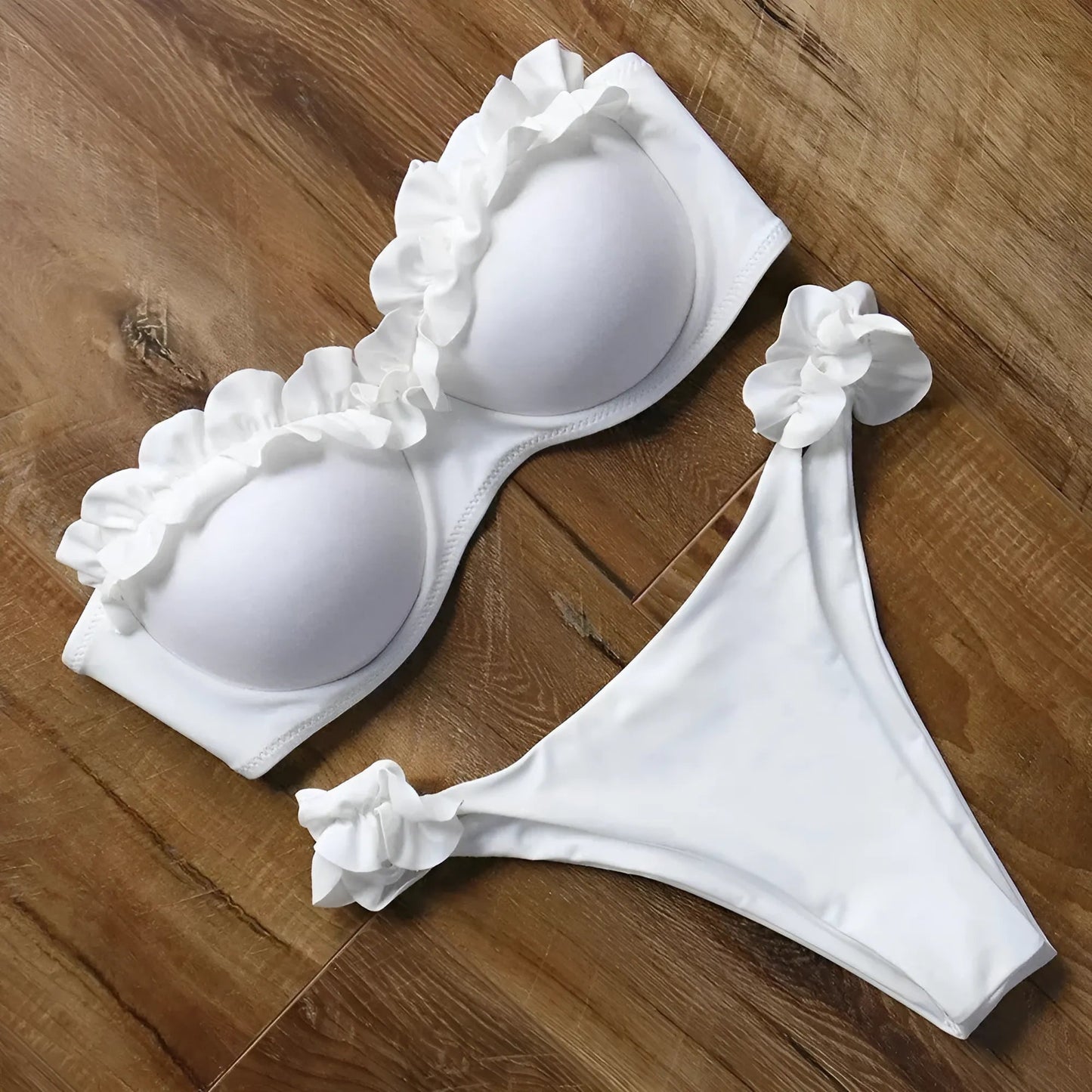 Blanc Maillot de bain bikini deux pièces avec des volants décoratifs