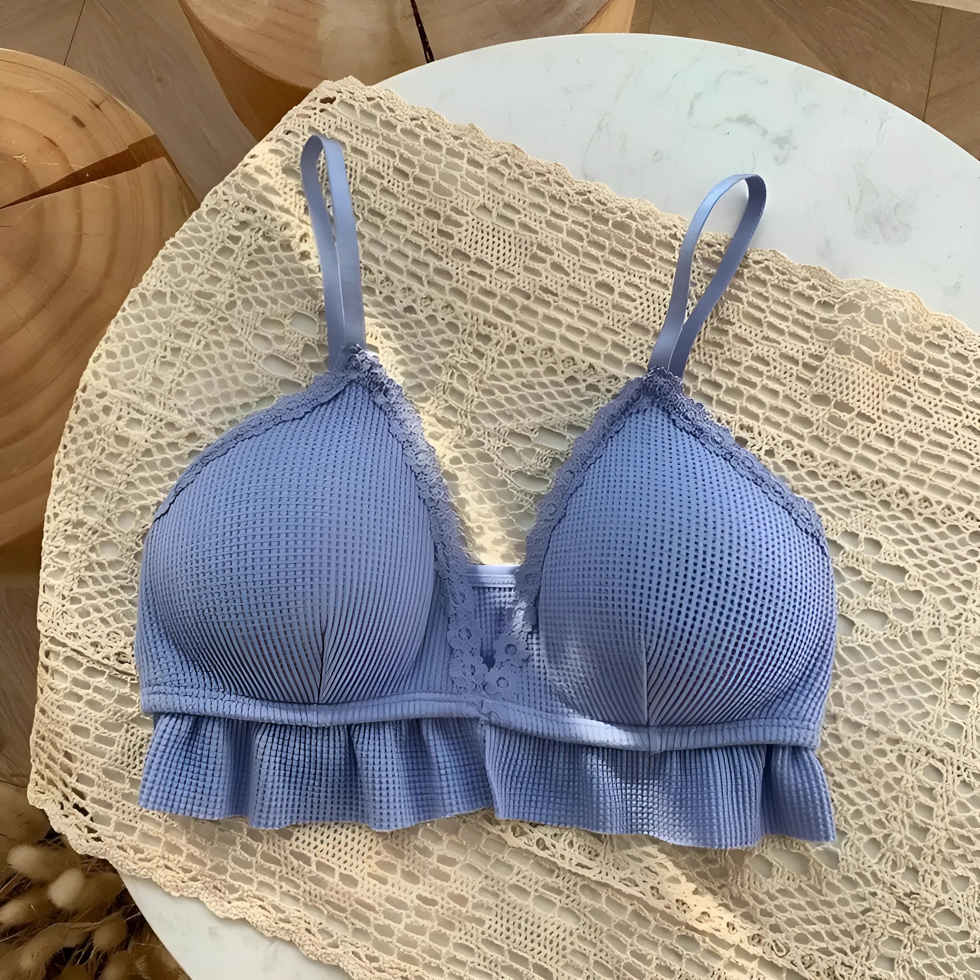 Bleu Bralette en dentelle avec bordure à volants