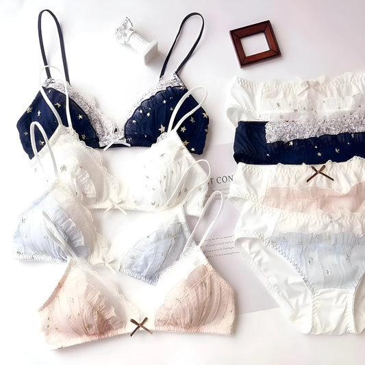 Bleu clair Ensemble de lingerie en dentelle avec des étoiles dorées