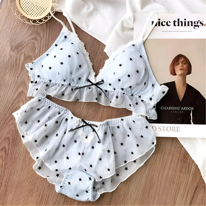 Bleu clair Ensemble de lingerie en dentelle avec des étoiles noires