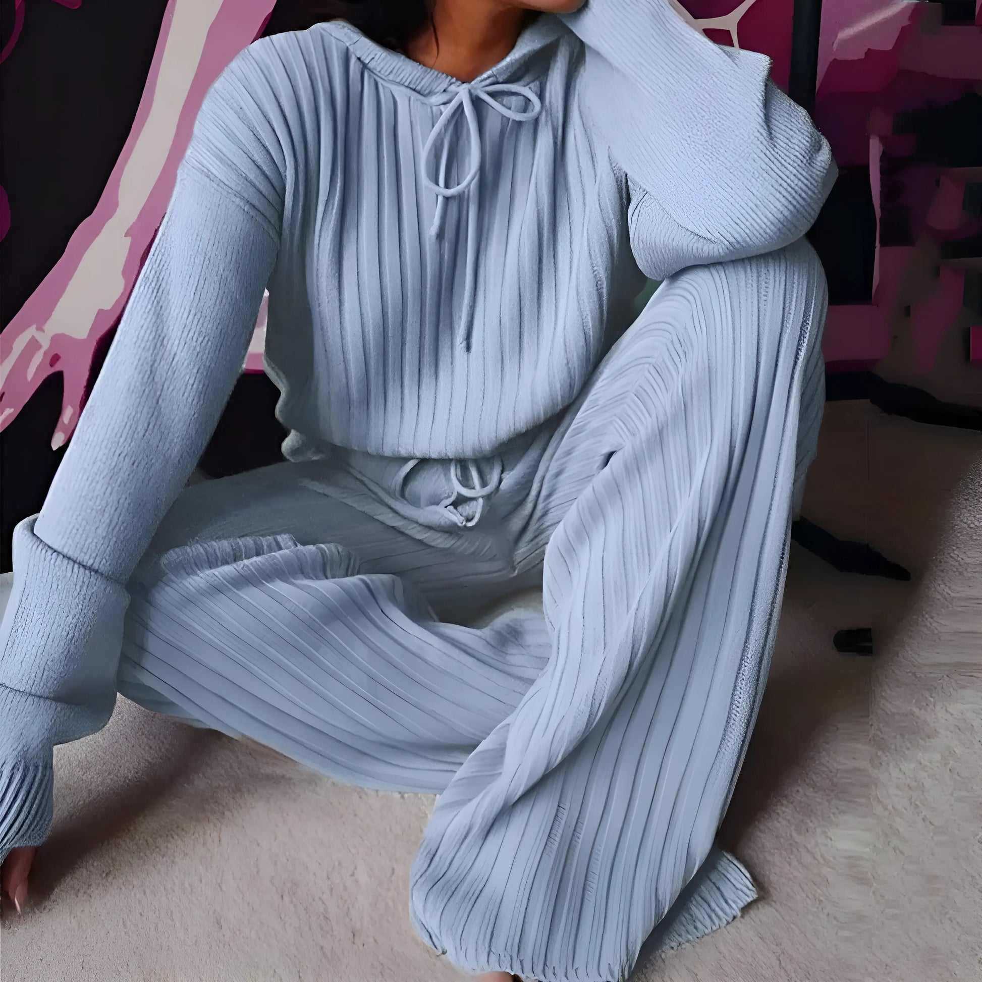 Bleu clair Pyjama femme à rayures lâches
