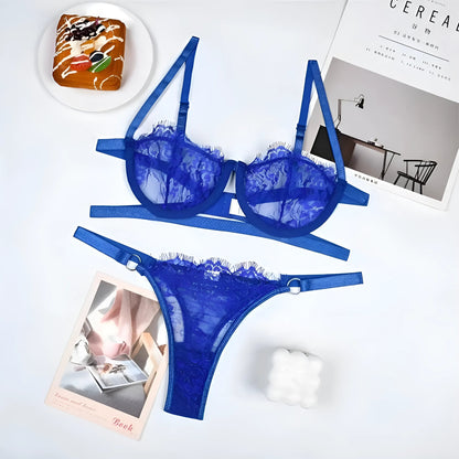 Bleu Ensemble de lingerie en dentelle florale