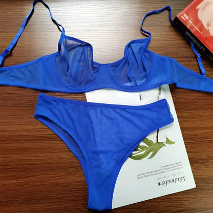 Bleu Ensemble de lingerie en fine maille