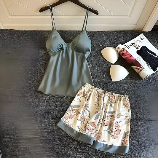 Bleu Ensemble de pyjama en satin avec shorts colorés