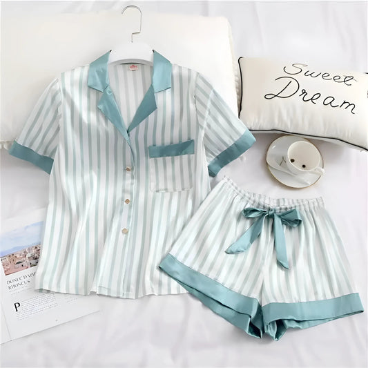 Bleu Pyjama rayé pour femmes avec garniture décorative