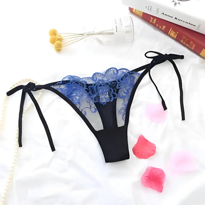 Bleu String en dentelle avec liens à la taille