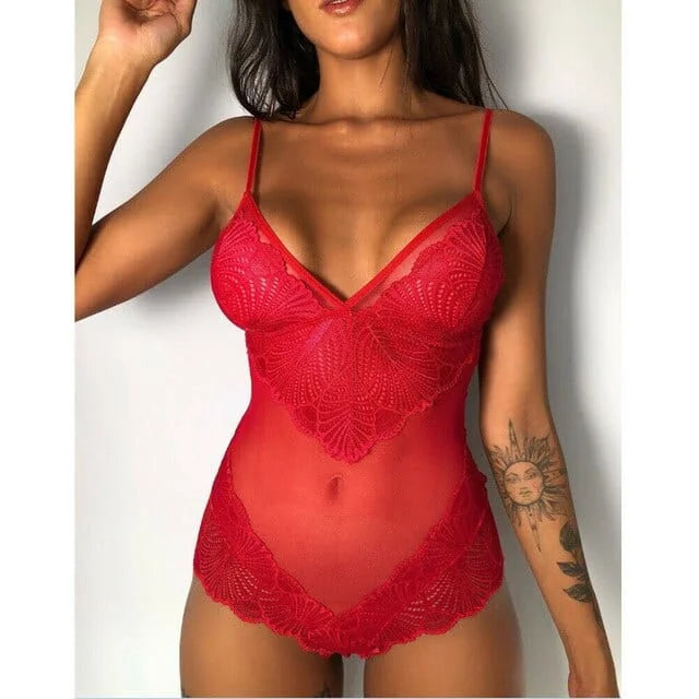 Body en dentelle universel avec maille - rouge / s