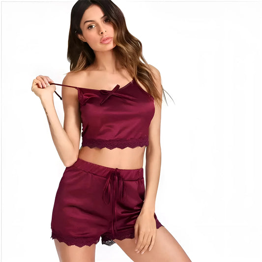 Bourgogne Ensemble de pyjama en satin avec haut et shorts