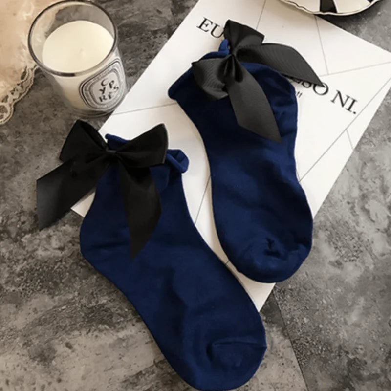 Chaussettes cheville avec nœud décoratif - bleu marine / 35-39