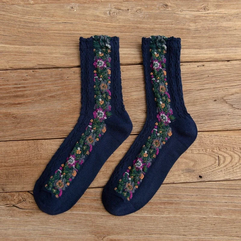 Chaussettes décoratives avec motif floral - bleu marine / universel